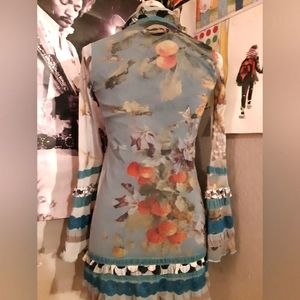 Jean Paul Gaultier Soleil Mixed Print Floral Ruffle Mesh Cardigan Long Sleeve